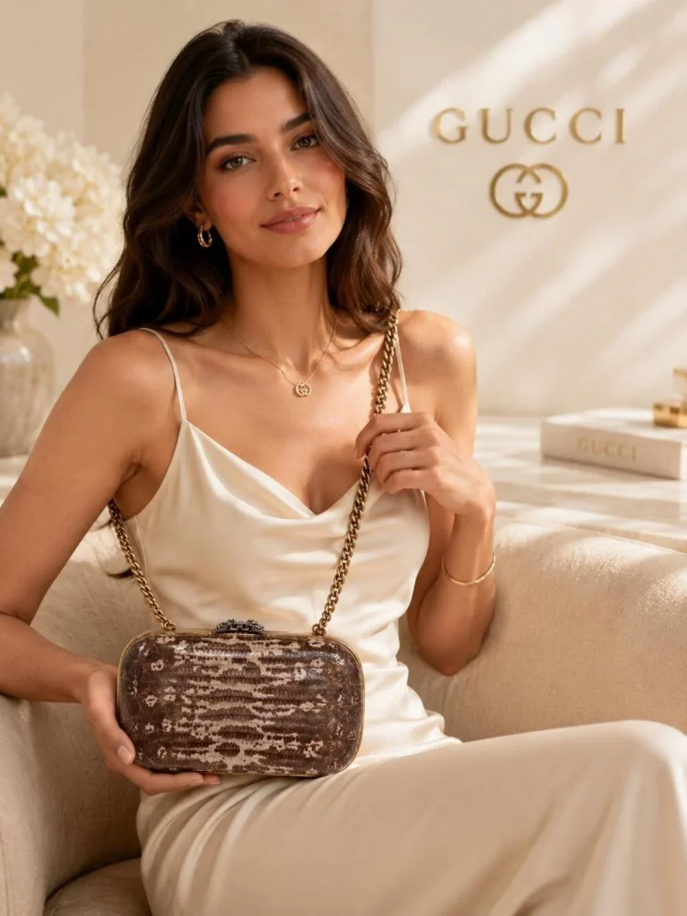 Authentic Gucci Broadway Snakeskin Clutch Crossbody Bag Bronze Gold Chain New - Picture 2 of 10
